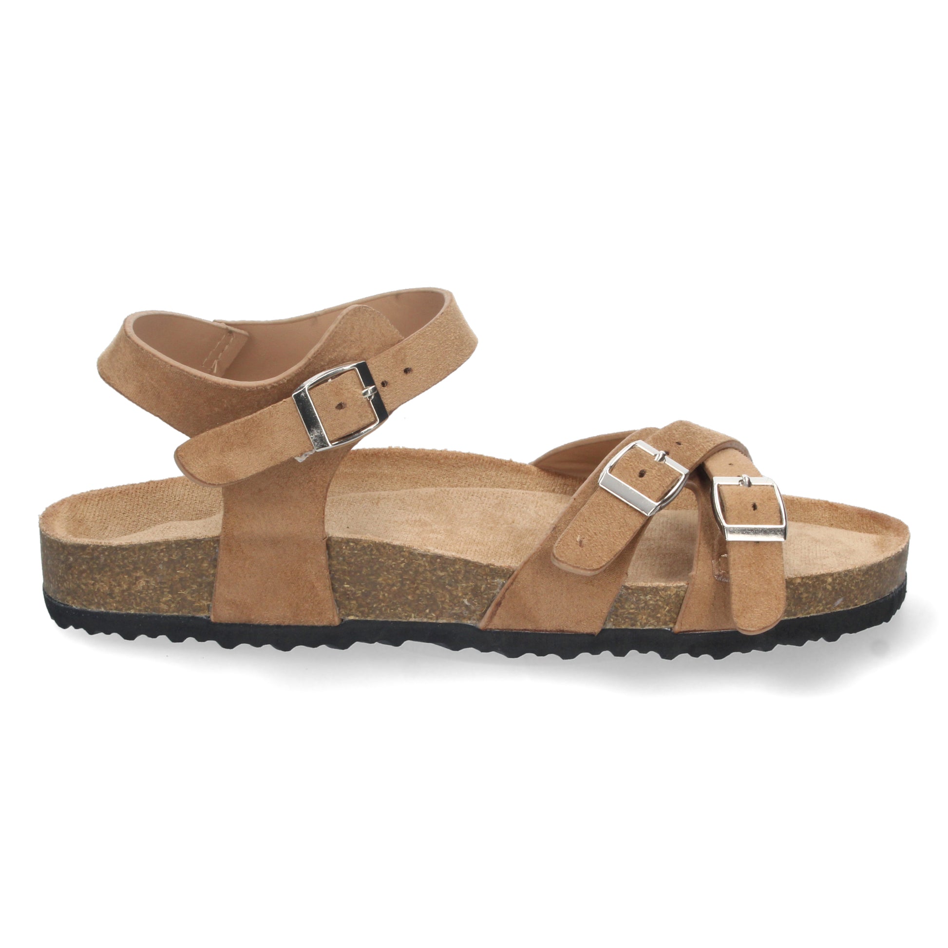 Sandalia plana camel con tiras cruzadas y hebilla al tobillo